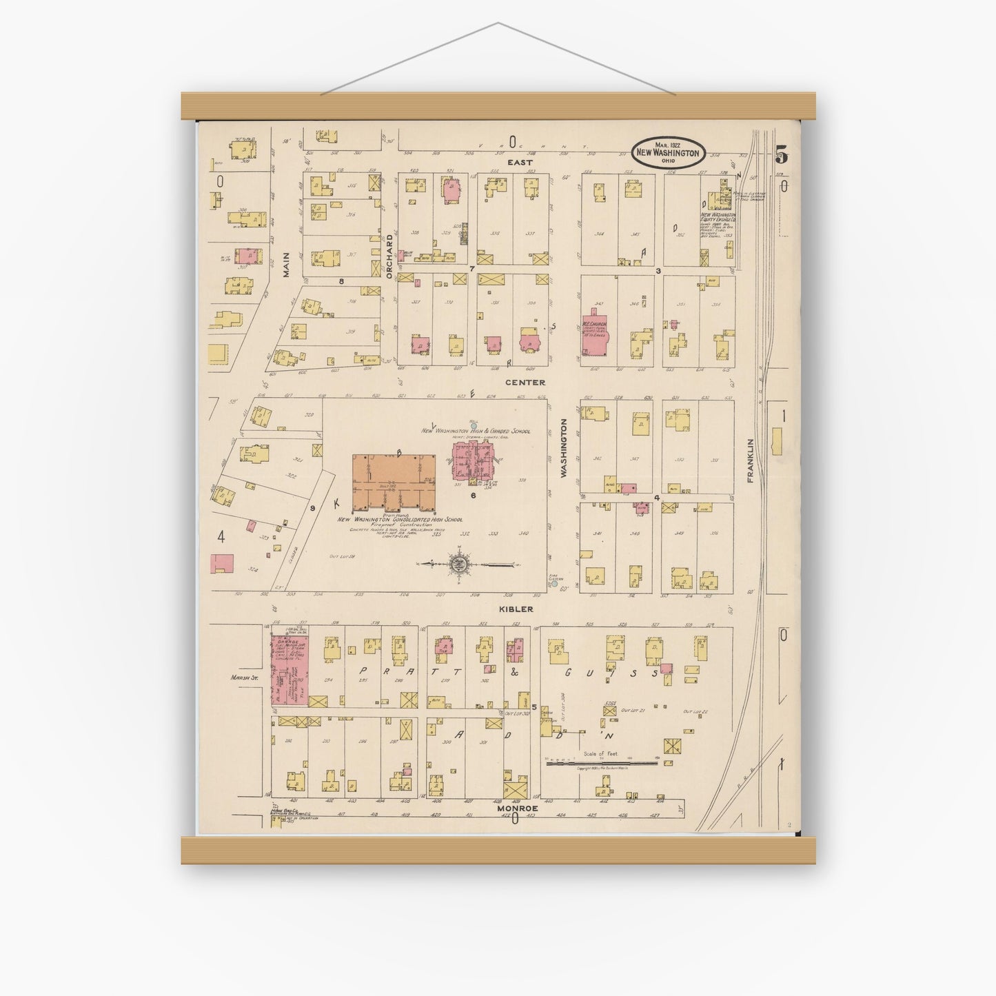 Old map wall art mockup — magnetic wood frame on white wall — Sanborn Fire Insurance Map from New Washington, Crawford County, Ohio (1922), Sheet #0005