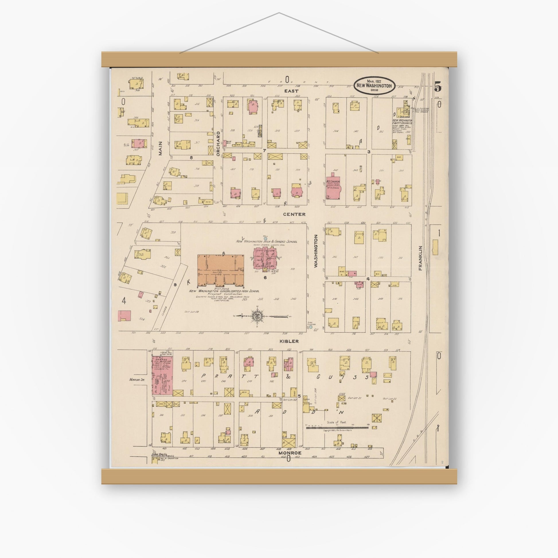 Old map wall art mockup — magnetic wood frame on white wall — Sanborn Fire Insurance Map from New Washington, Crawford County, Ohio (1922), Sheet #0005