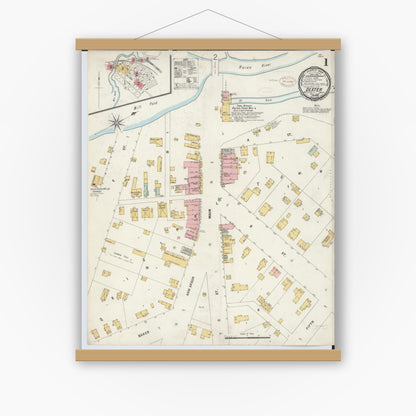 Old map wall art mockup — magnetic wood frame on white wall — Sanborn Fire Insurance Map from Dexter, Washtenaw County, Michigan (1899), Sheet #0001