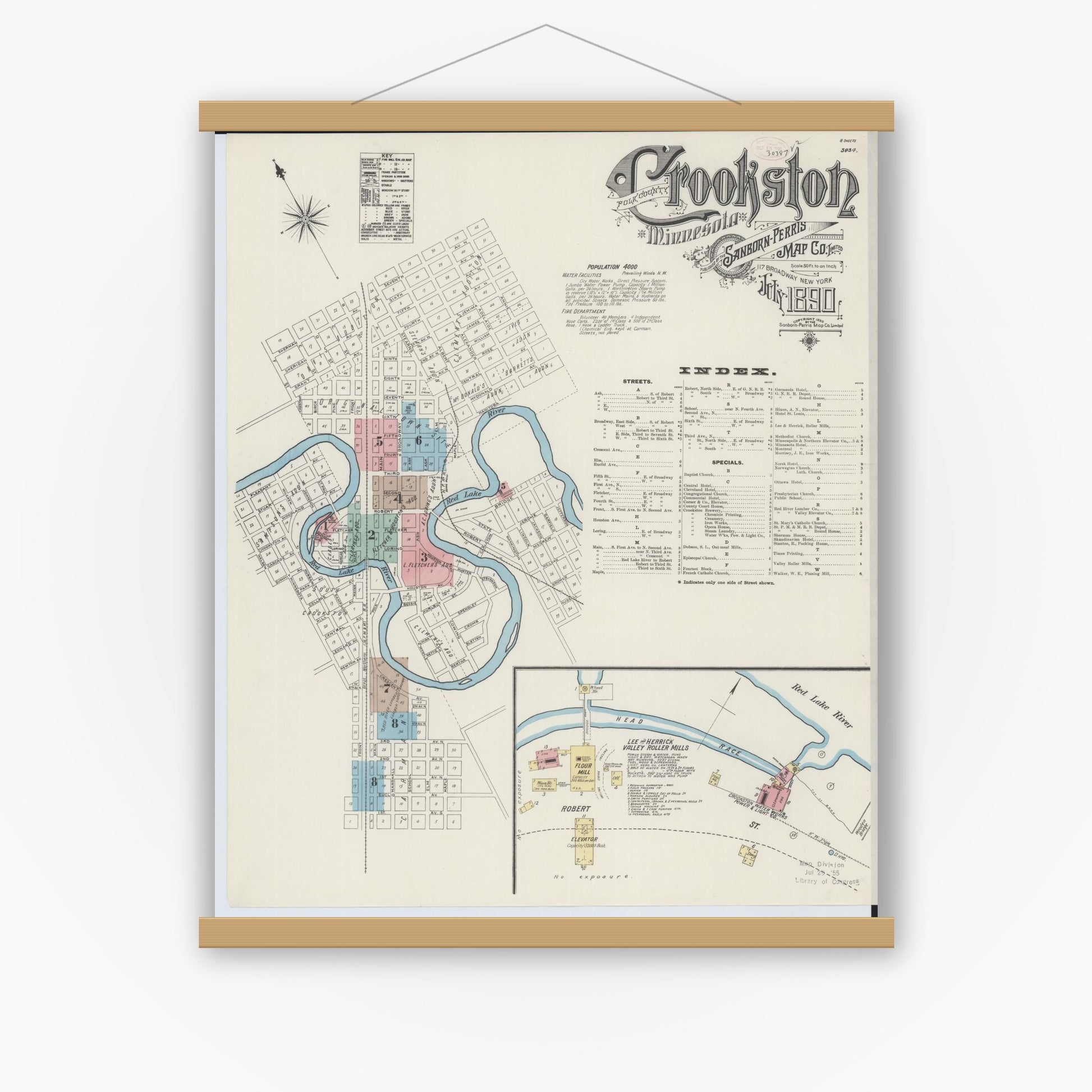 Old map wall art mockup — magnetic wood frame on white wall — Sanborn Fire Insurance Map from Crookston, Polk County, Minnesota (1890) - Complete Map Set