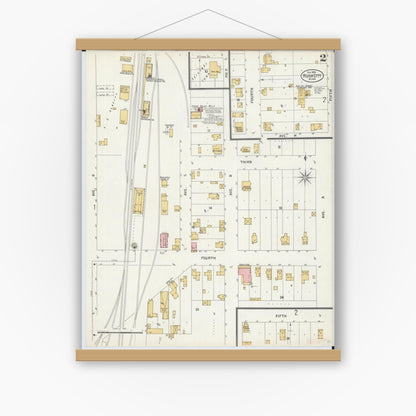 Old map wall art mockup — magnetic wood frame on white wall — Sanborn Fire Insurance Map from Rush City, Chisago County, Minnesota (1899), Sheet #0002