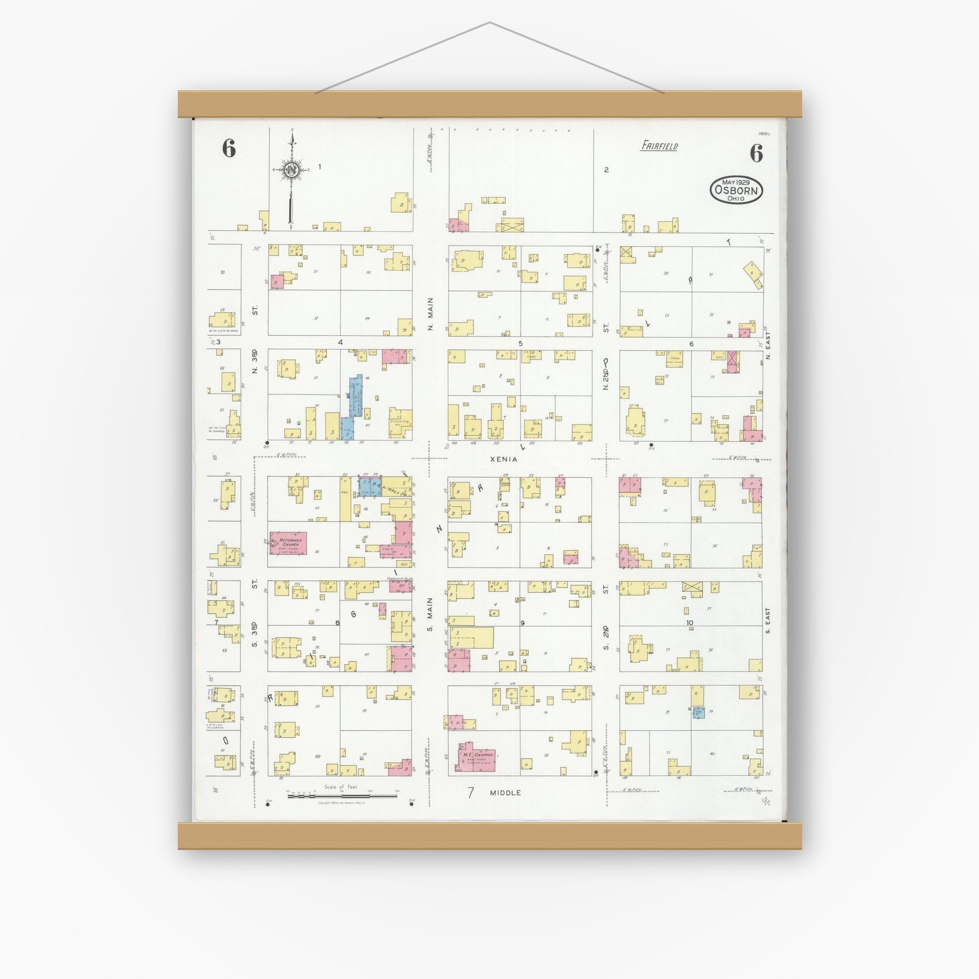 Old map wall art mockup — magnetic wood frame on white wall — Sanborn Fire Insurance Map from Osborn, Greene County, Ohio (1929), Sheet #0006