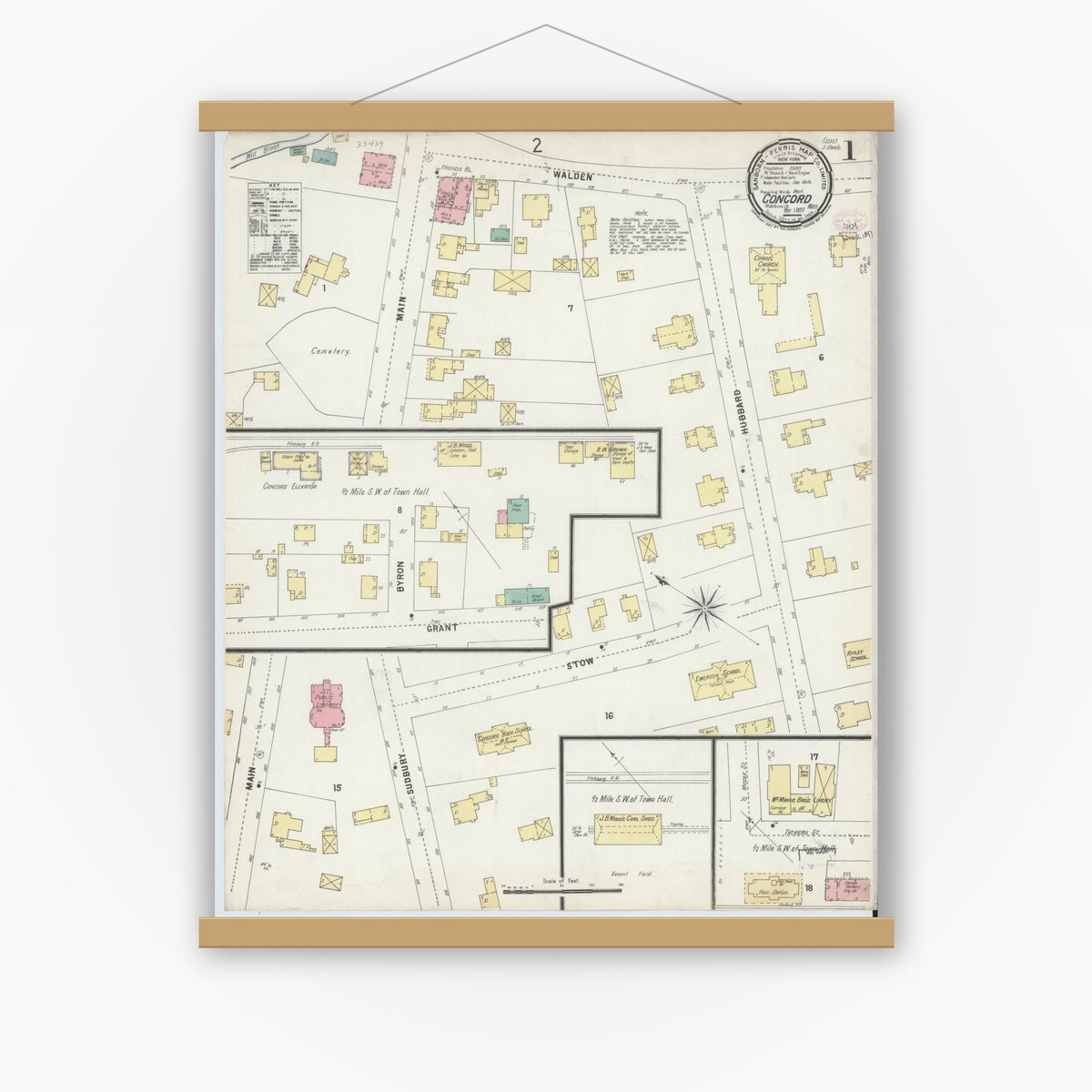 Old map wall art mockup — magnetic wood frame on white wall — Sanborn Fire Insurance Map from Concord, Middlesex County, Massachusetts (1897) - Complete Map Set