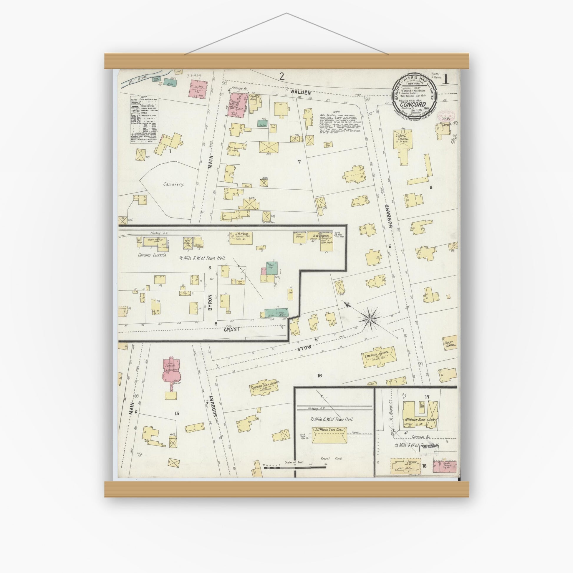 Old map wall art mockup — magnetic wood frame on white wall — Sanborn Fire Insurance Map from Concord, Middlesex County, Massachusetts (1897) - Complete Map Set