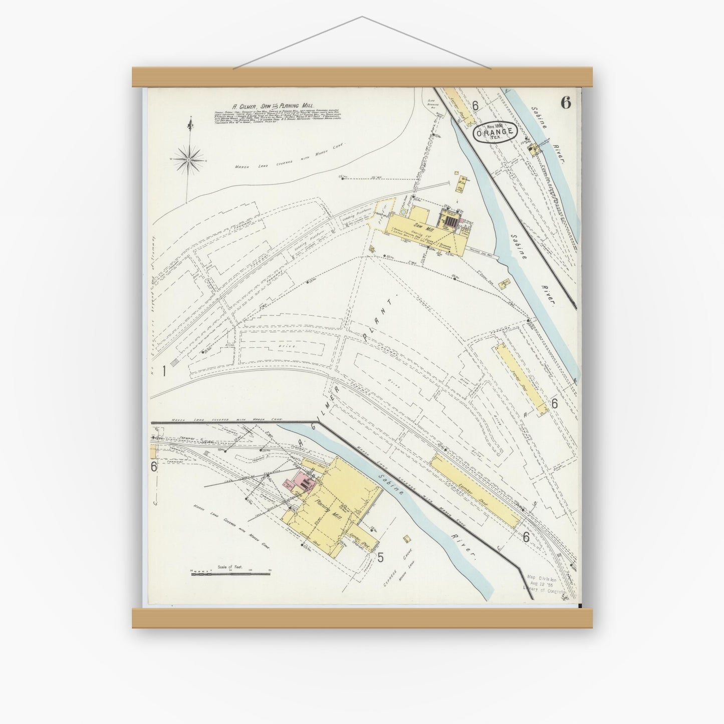 Old map wall art mockup — magnetic wood frame on white wall — Sanborn Fire Insurance Map from Orange, Orange County, Texas (1896), Sheet #0006