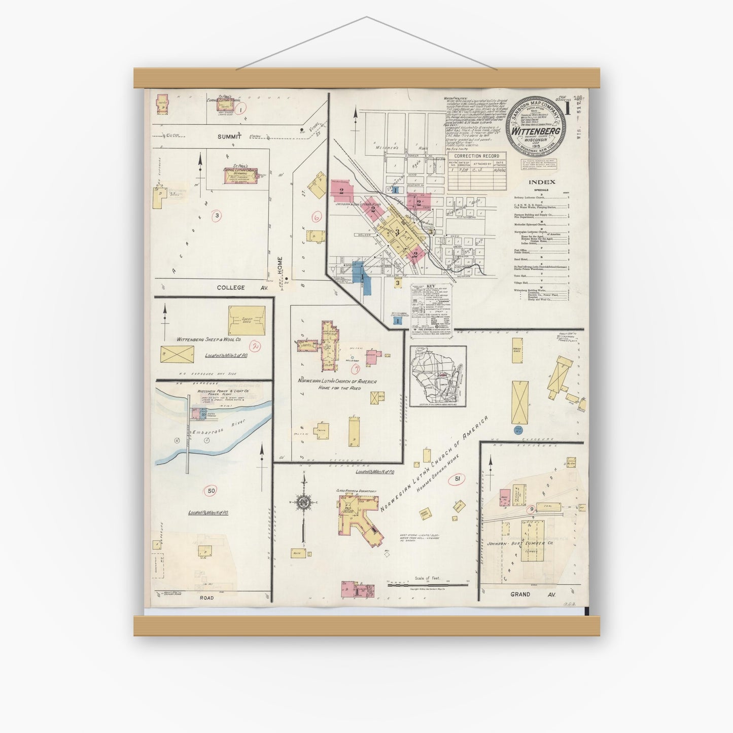 Old map wall art mockup — magnetic wood frame on white wall — Sanborn Fire Insurance Map from Wittenberg, Shawano County, Wisconsin (1939) - Complete Map Set