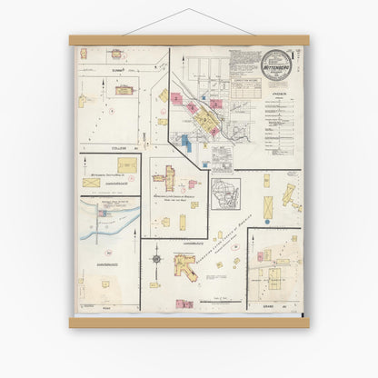Old map wall art mockup — magnetic wood frame on white wall — Sanborn Fire Insurance Map from Wittenberg, Shawano County, Wisconsin (1939) - Complete Map Set
