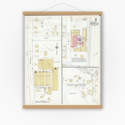 Old map wall art mockup — magnetic wood frame on white wall — Sanborn Fire Insurance Map from Morrison, Whiteside County, Illinois (1912), Sheet #0008