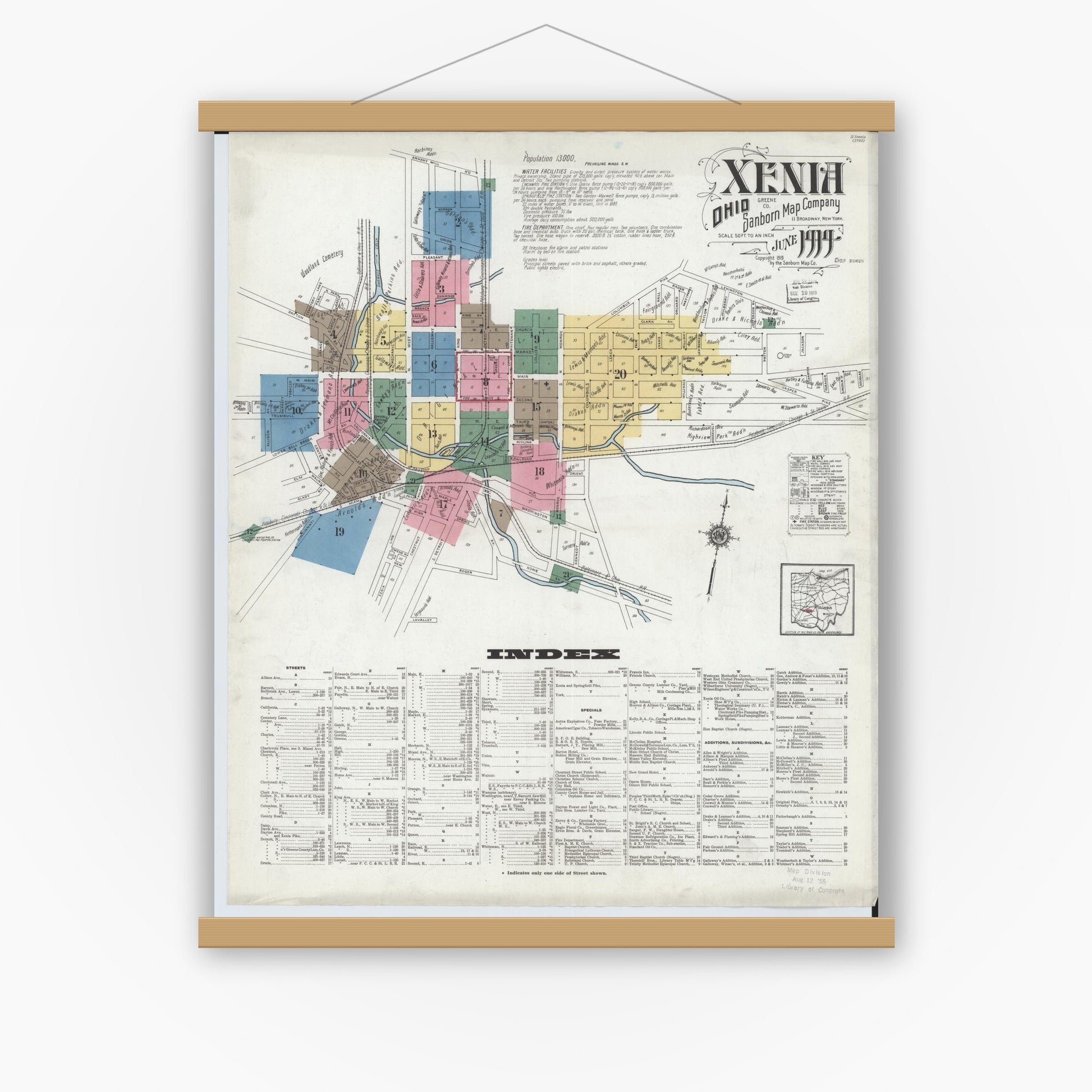 Old map wall art mockup — magnetic wood frame on white wall — Sanborn Fire Insurance Map from Xenia, Greene County, Ohio (1919) - Complete Map Set