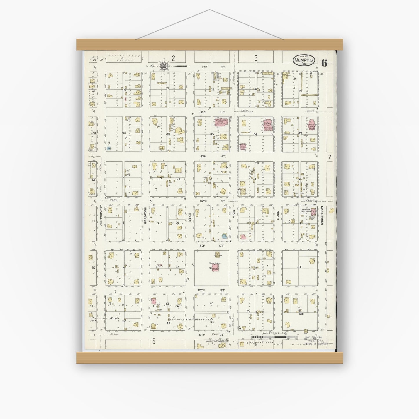Old map wall art mockup — magnetic wood frame on white wall — Sanborn Fire Insurance Map from Memphis, Hall County, Texas (1914), Sheet #0006