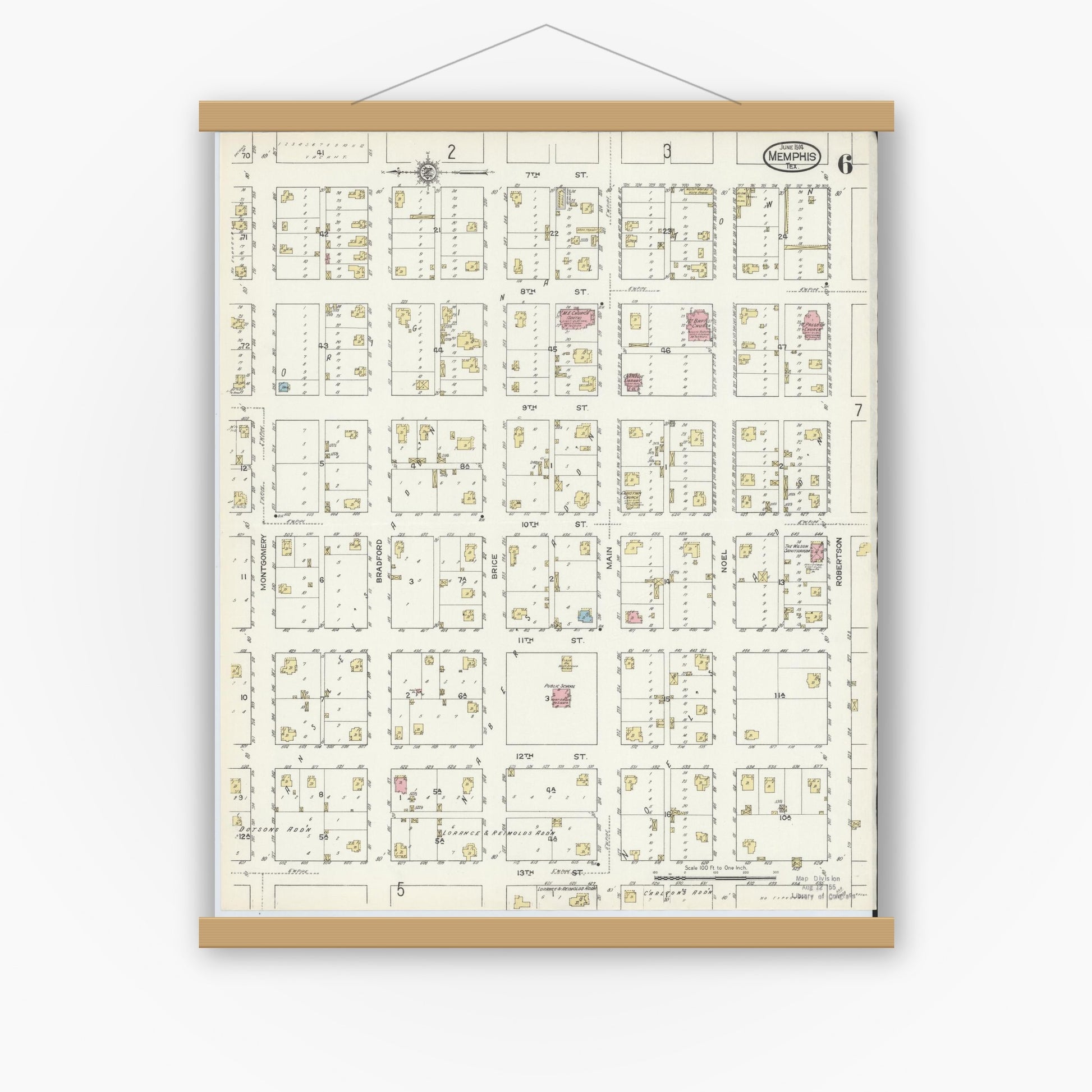 Old map wall art mockup — magnetic wood frame on white wall — Sanborn Fire Insurance Map from Memphis, Hall County, Texas (1914), Sheet #0006