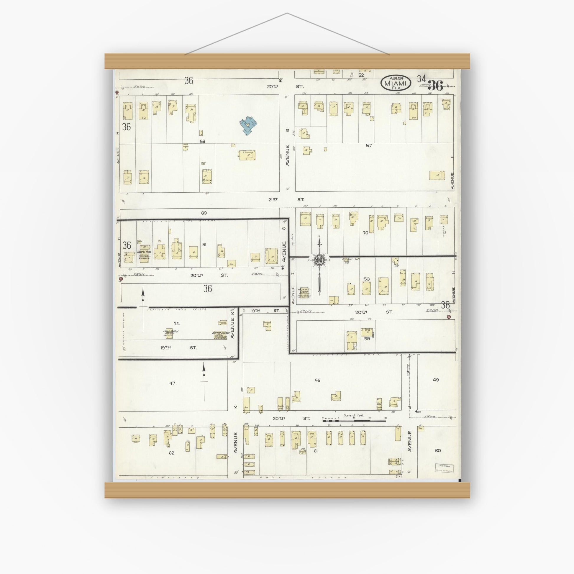 Old map wall art mockup — magnetic wood frame on white wall — Sanborn Fire Insurance Map from Miami, Dade County, Florida (1914), Sheet #0036