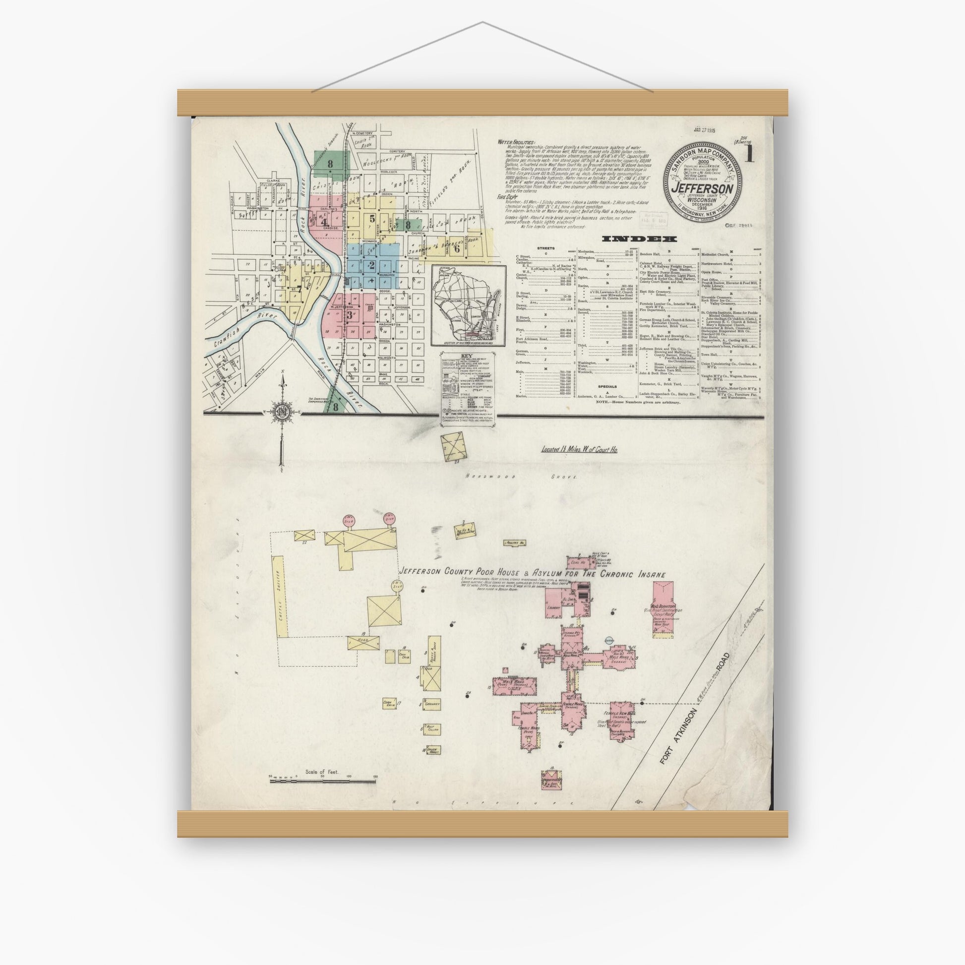 Old map wall art mockup — magnetic wood frame on white wall — Sanborn Fire Insurance Map from Jefferson, Jefferson County, Wisconsin (1914), Sheet #0001