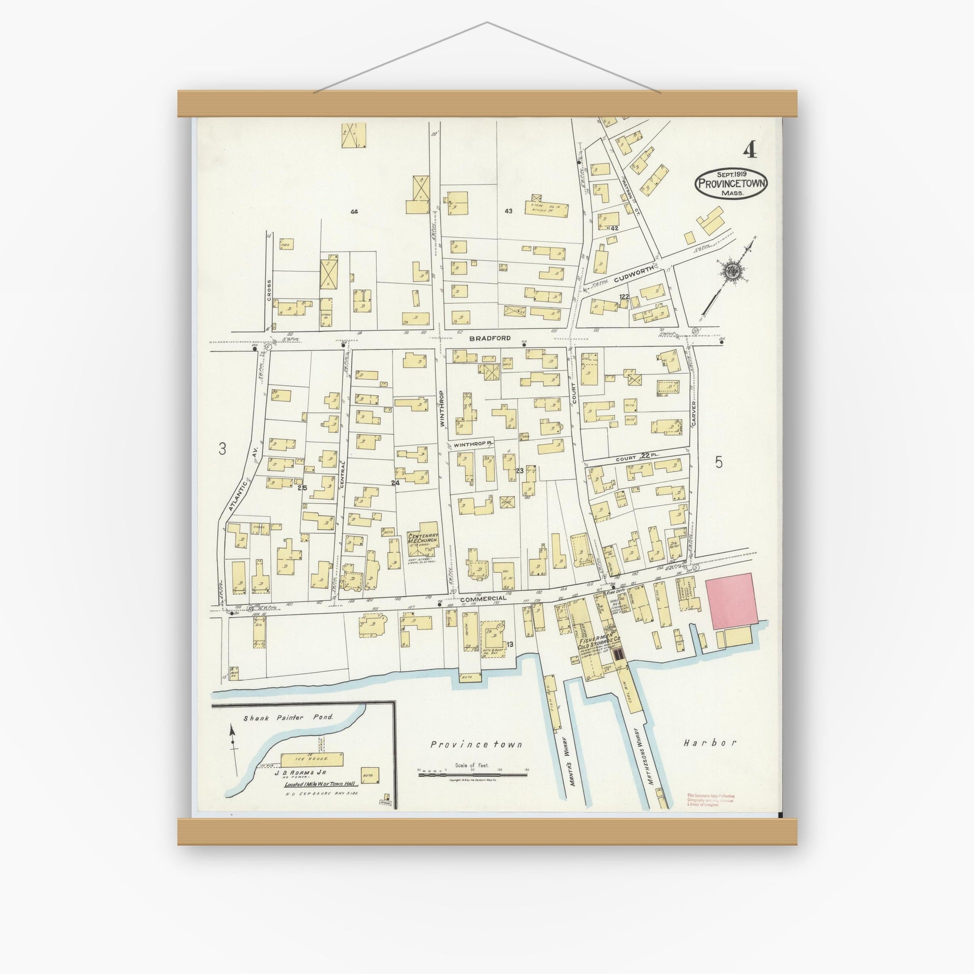 Old map wall art mockup — magnetic wood frame on white wall — Sanborn Fire Insurance Map from Provincetown, Barnstable County, Massachusetts (1919), Sheet #0004