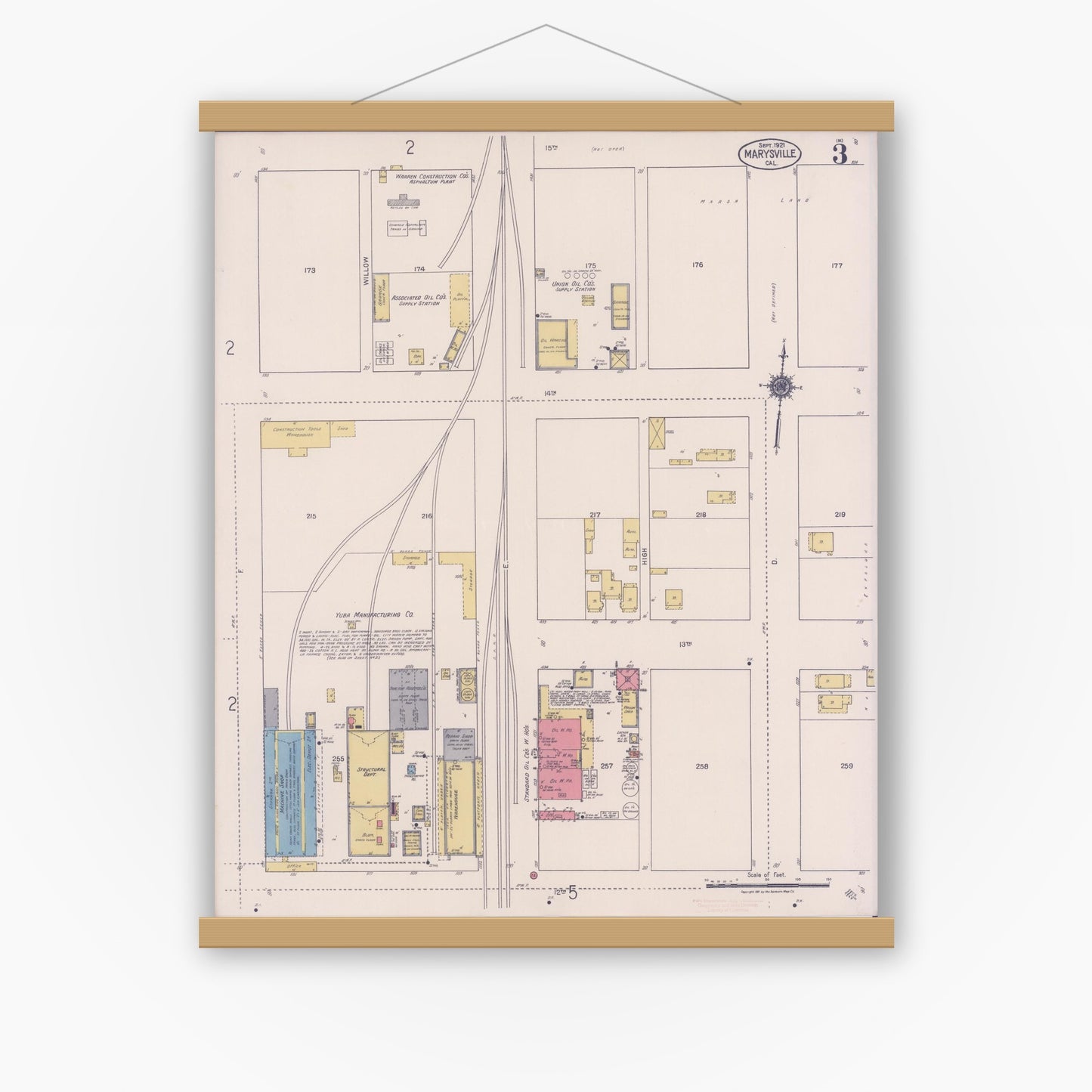 Old map wall art mockup — magnetic wood frame on white wall — Sanborn Fire Insurance Map from Marysville, Yuba County, California (1921), Sheet #0003