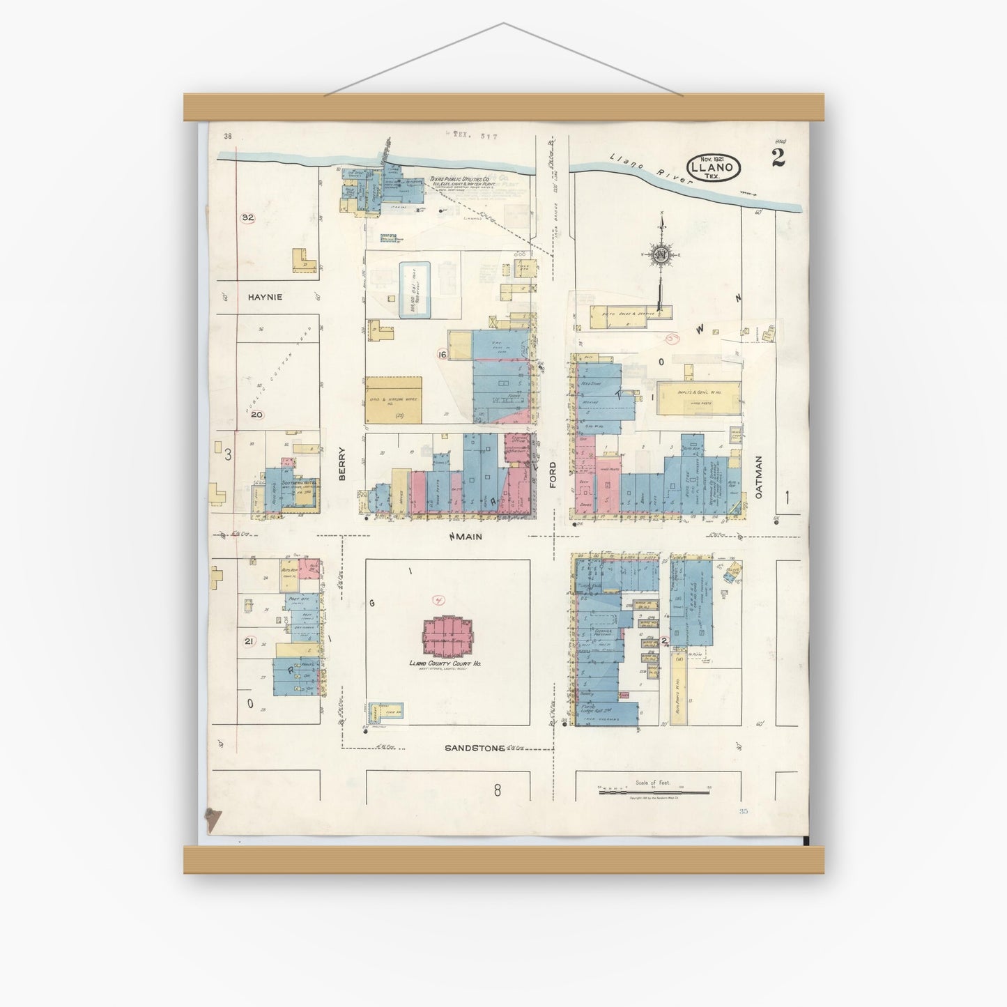 Old map wall art mockup — magnetic wood frame on white wall — Sanborn Fire Insurance Map from Llano, Llano County, Texas (1942), Sheet #0002