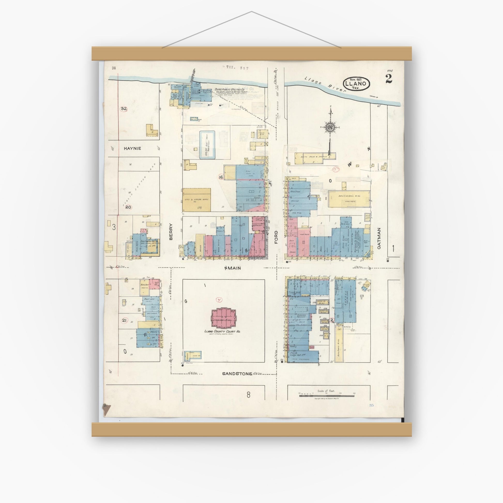 Old map wall art mockup — magnetic wood frame on white wall — Sanborn Fire Insurance Map from Llano, Llano County, Texas (1942), Sheet #0002
