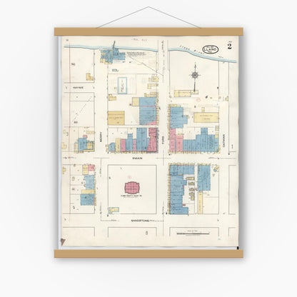 Old map wall art mockup — magnetic wood frame on white wall — Sanborn Fire Insurance Map from Llano, Llano County, Texas (1942), Sheet #0002