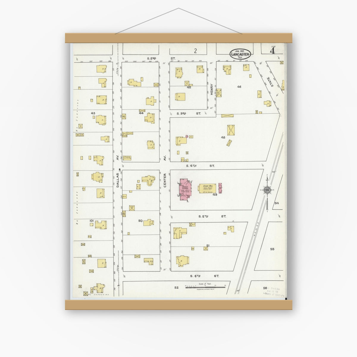 Old map wall art mockup — magnetic wood frame on white wall — Sanborn Fire Insurance Map from Lancaster, Dallas County, Texas (1921), Sheet #0004