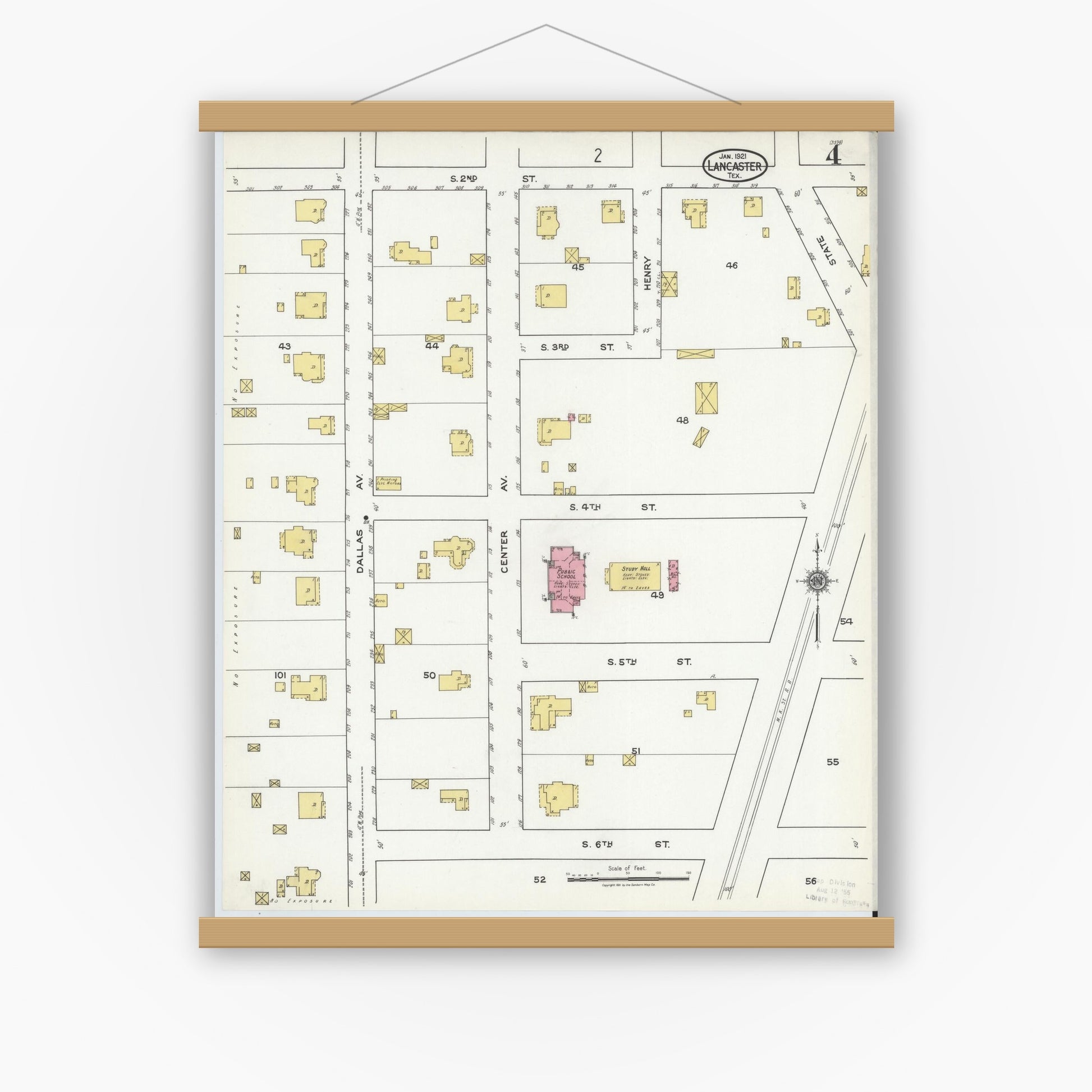 Old map wall art mockup — magnetic wood frame on white wall — Sanborn Fire Insurance Map from Lancaster, Dallas County, Texas (1921), Sheet #0004