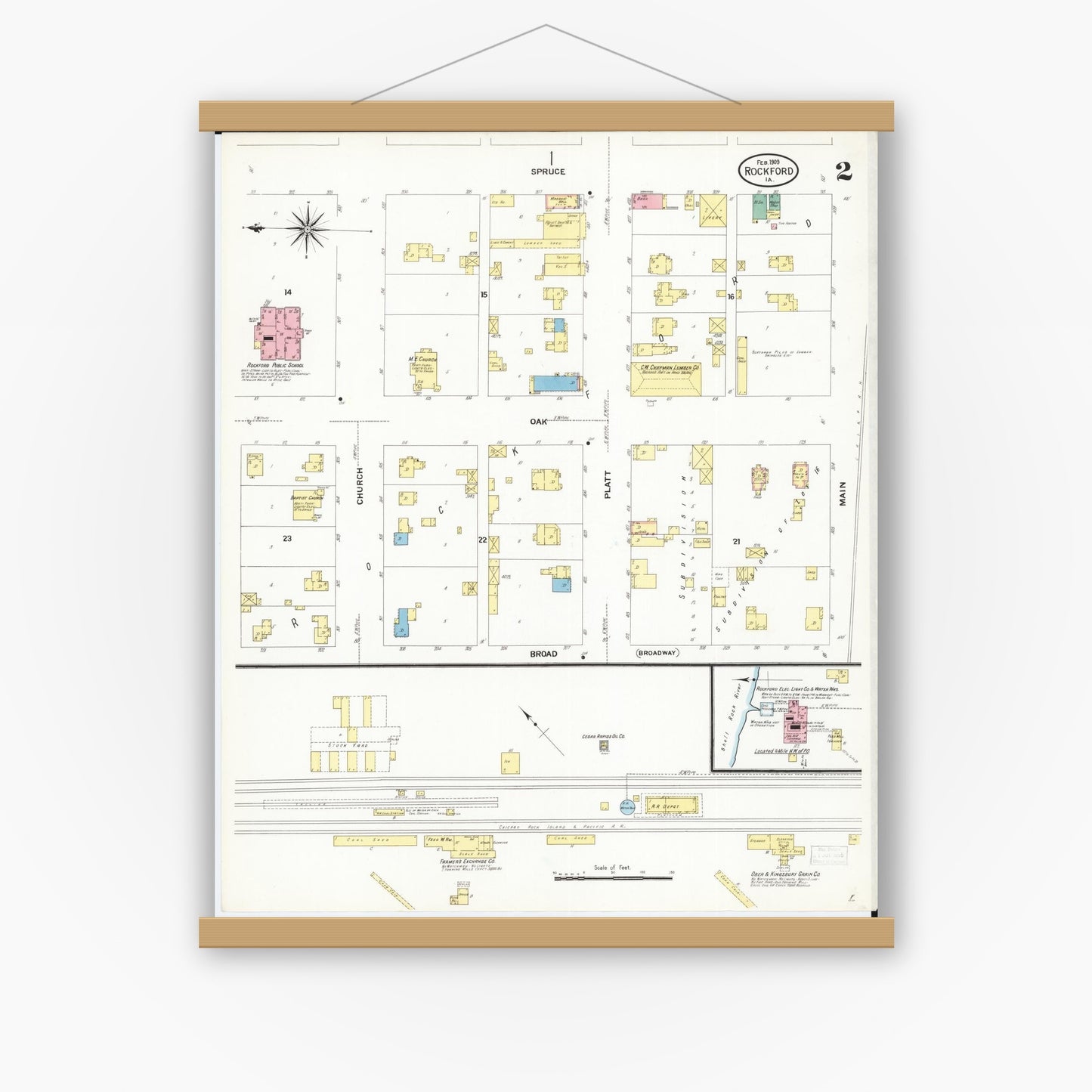 Old map wall art mockup — magnetic wood frame on white wall — Sanborn Fire Insurance Map from Rockford, Floyd County, Iowa (1909), Sheet #0002