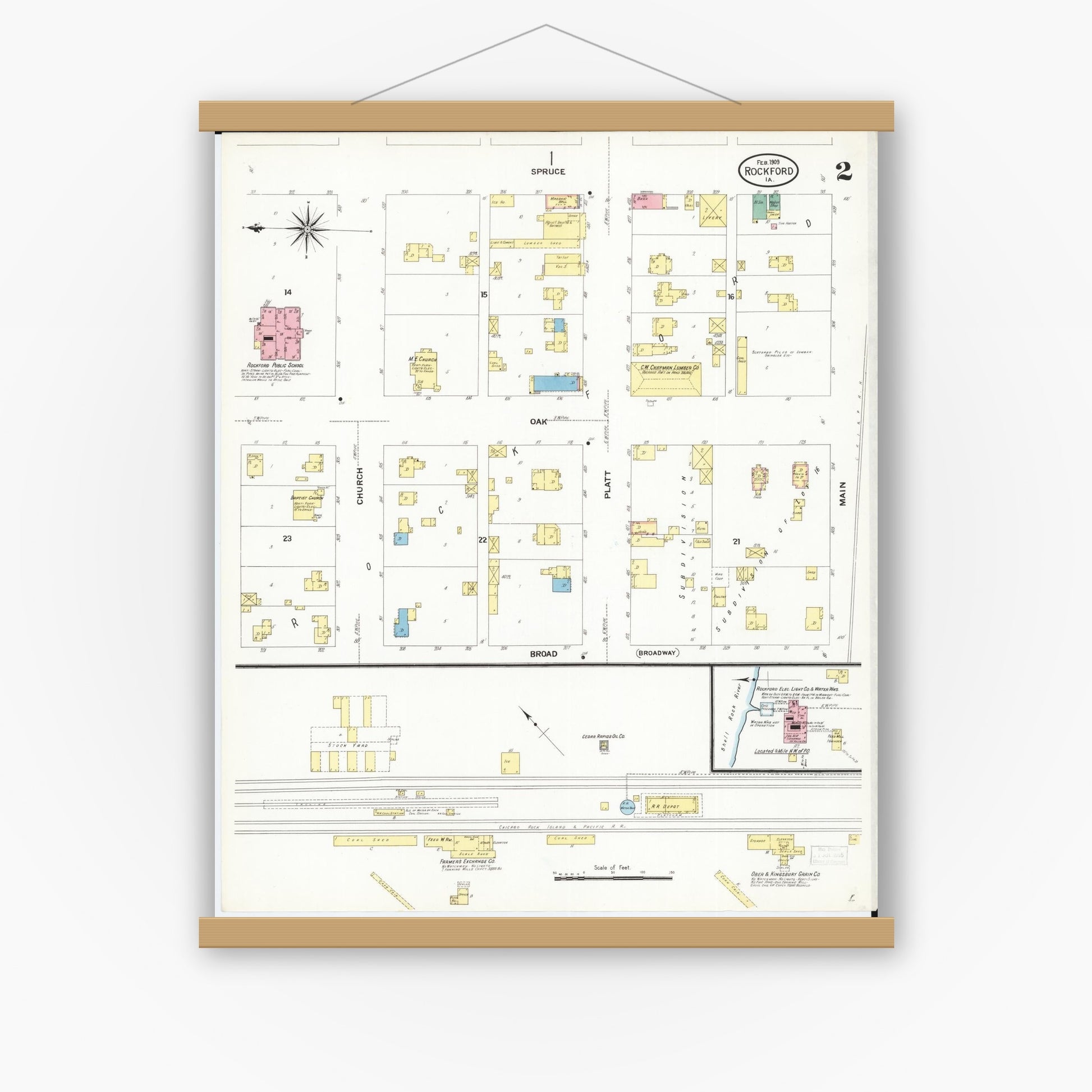 Old map wall art mockup — magnetic wood frame on white wall — Sanborn Fire Insurance Map from Rockford, Floyd County, Iowa (1909), Sheet #0002