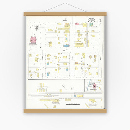 Old map wall art mockup — magnetic wood frame on white wall — Sanborn Fire Insurance Map from Rockford, Floyd County, Iowa (1909), Sheet #0002