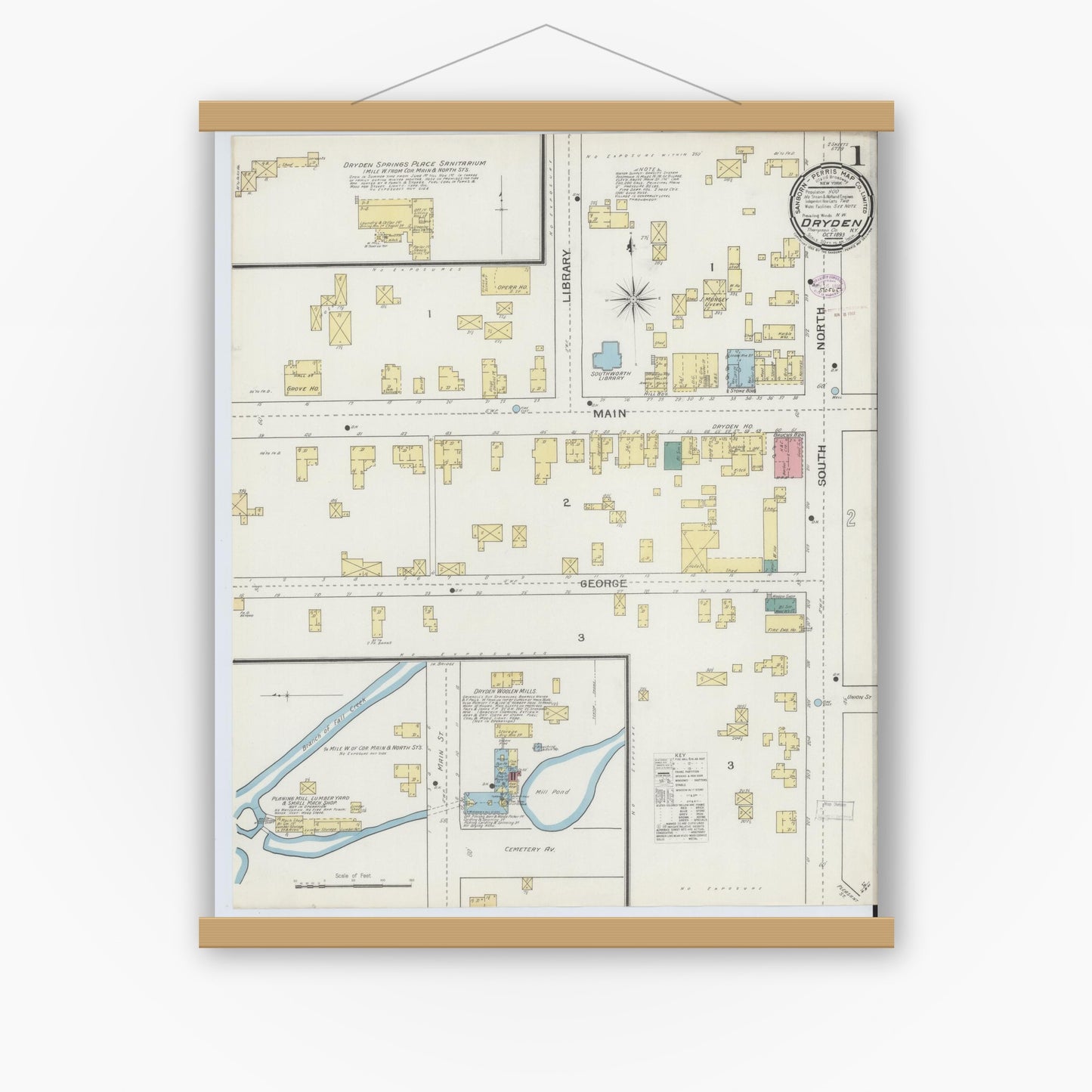 Old map wall art mockup — magnetic wood frame on white wall — Sanborn Fire Insurance Map from Dryden, Tompkins County, New York (1893), Sheet #0001