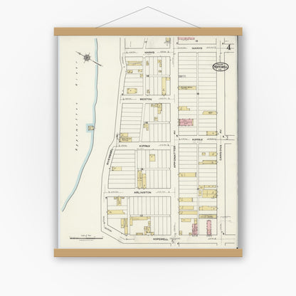 Old map wall art mockup — magnetic wood frame on white wall — Sanborn Fire Insurance Map from Hopewell, Independent Cities, Virginia (1921), Sheet #0004