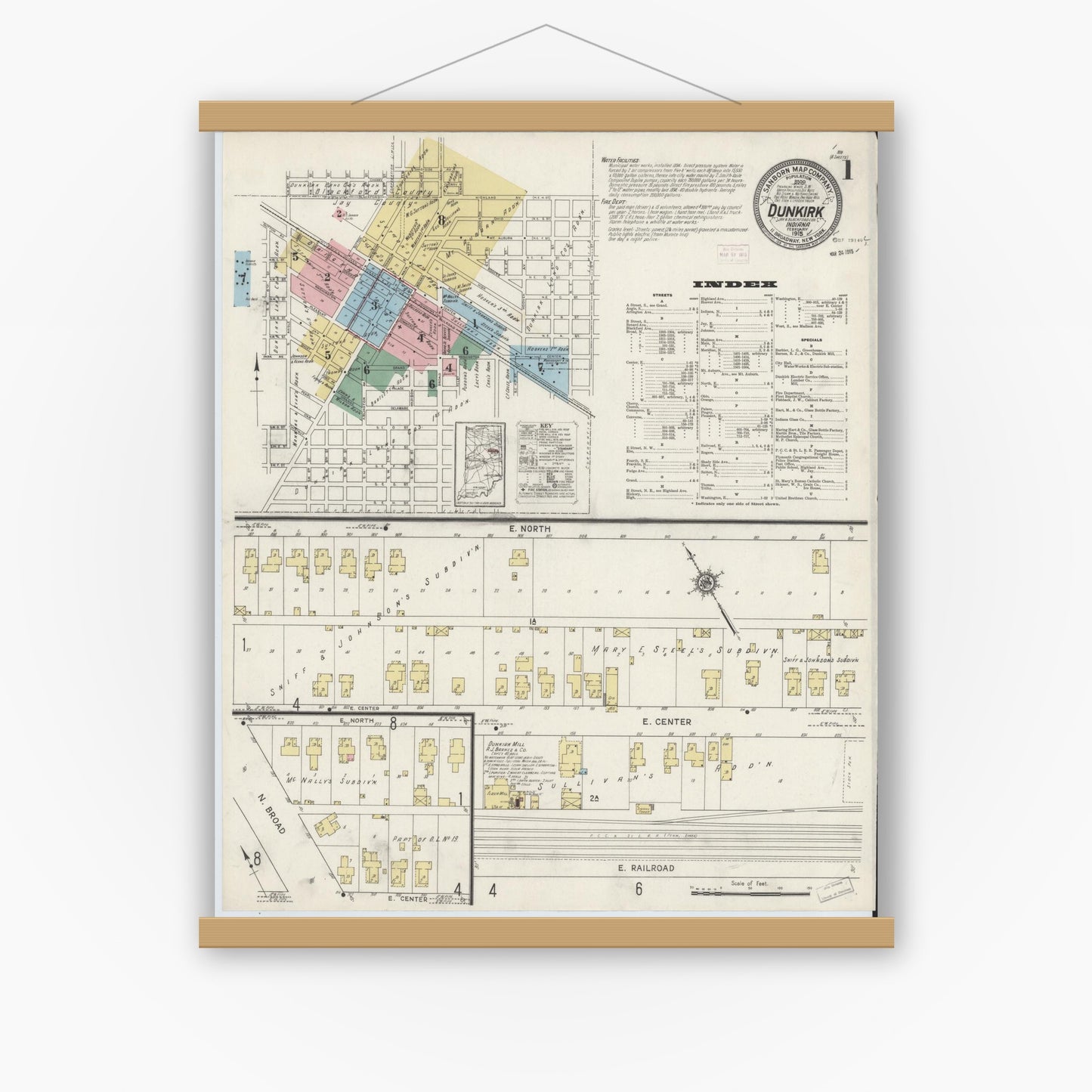 Old map wall art mockup — magnetic wood frame on white wall — Sanborn Fire Insurance Map from Dunkirk, Jay And Blackford Counties, Indiana (1915) - Complete Map Set