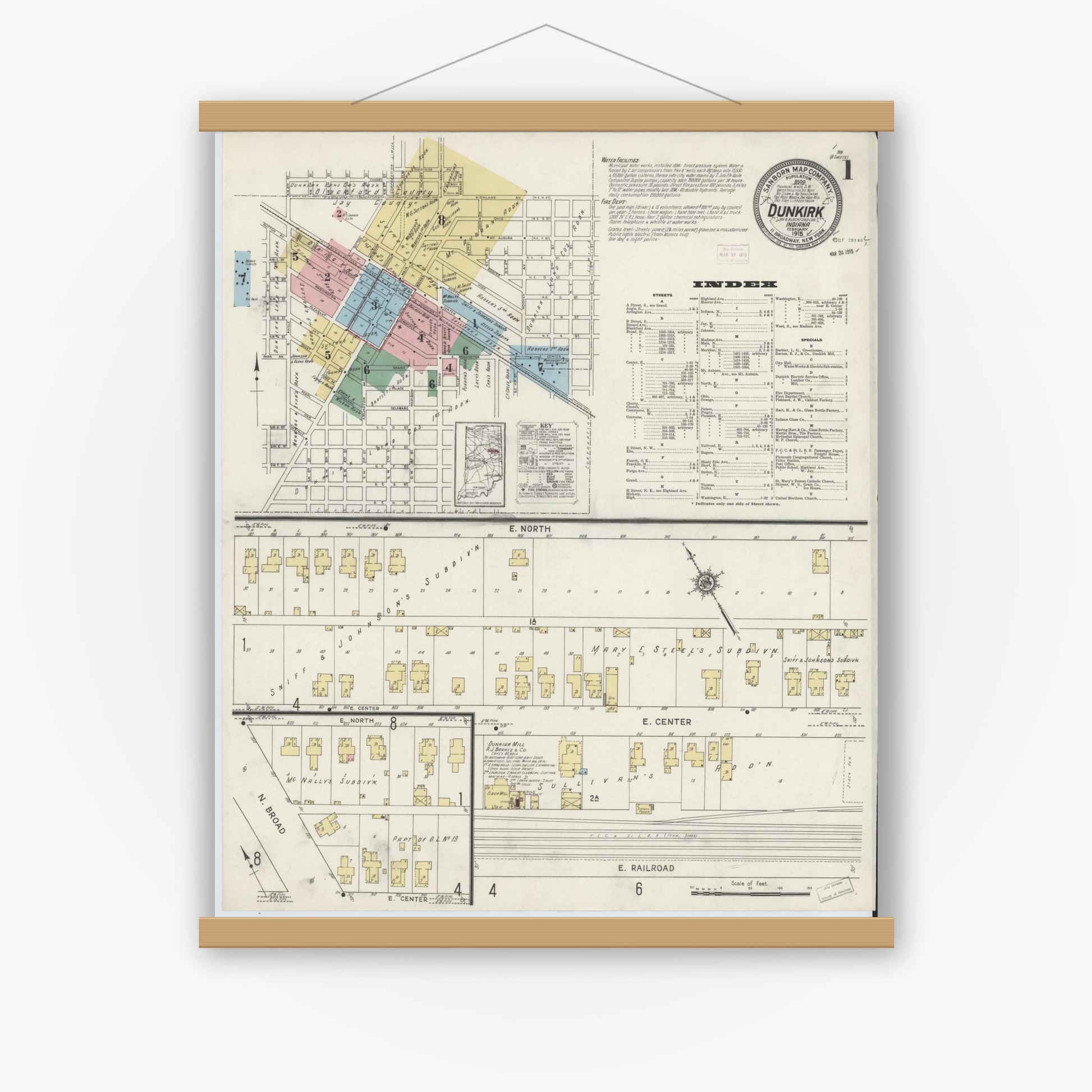 Old map wall art mockup — magnetic wood frame on white wall — Sanborn Fire Insurance Map from Dunkirk, Jay And Blackford Counties, Indiana (1915) - Complete Map Set