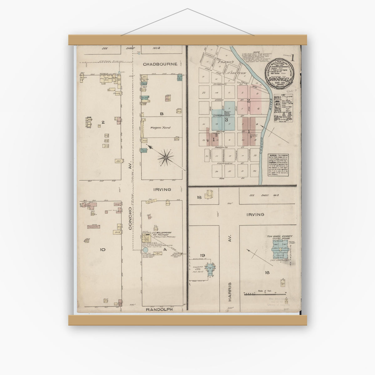 Old map wall art mockup — magnetic wood frame on white wall — Sanborn Fire Insurance Map from San Angelo, Tom Green County, Texas (1885), Sheet #0001