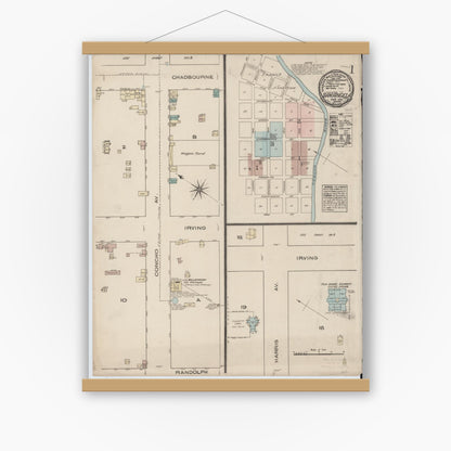 Old map wall art mockup — magnetic wood frame on white wall — Sanborn Fire Insurance Map from San Angelo, Tom Green County, Texas (1885), Sheet #0001