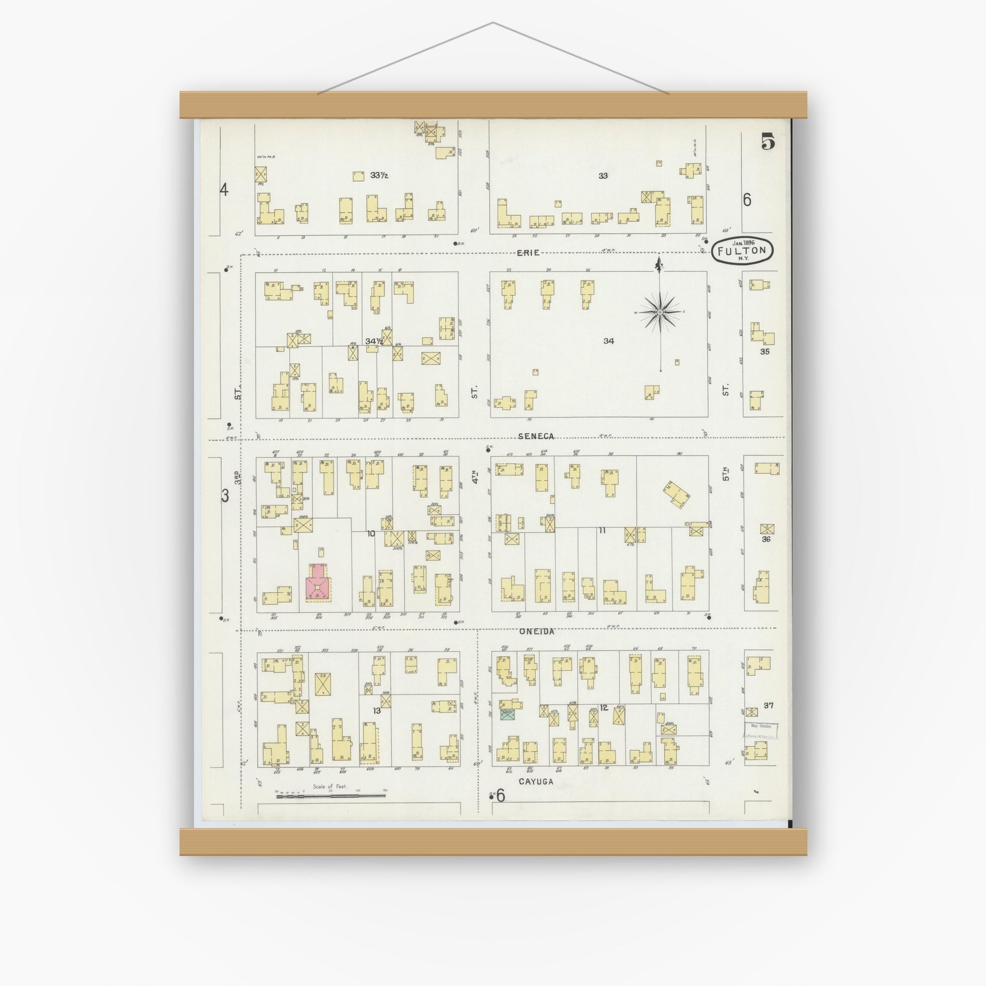 Old map wall art mockup — magnetic wood frame on white wall — Sanborn Fire Insurance Map from Fulton, Oswego County, New York (1896), Sheet #0005