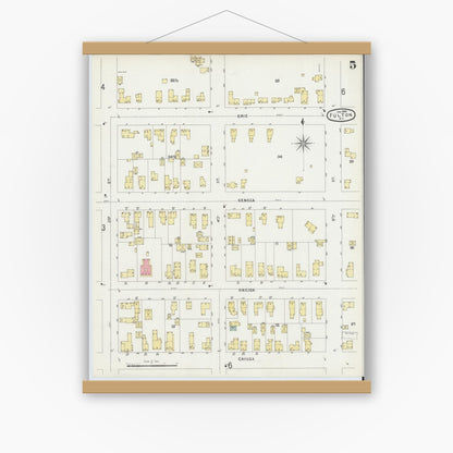 Old map wall art mockup — magnetic wood frame on white wall — Sanborn Fire Insurance Map from Fulton, Oswego County, New York (1896), Sheet #0005