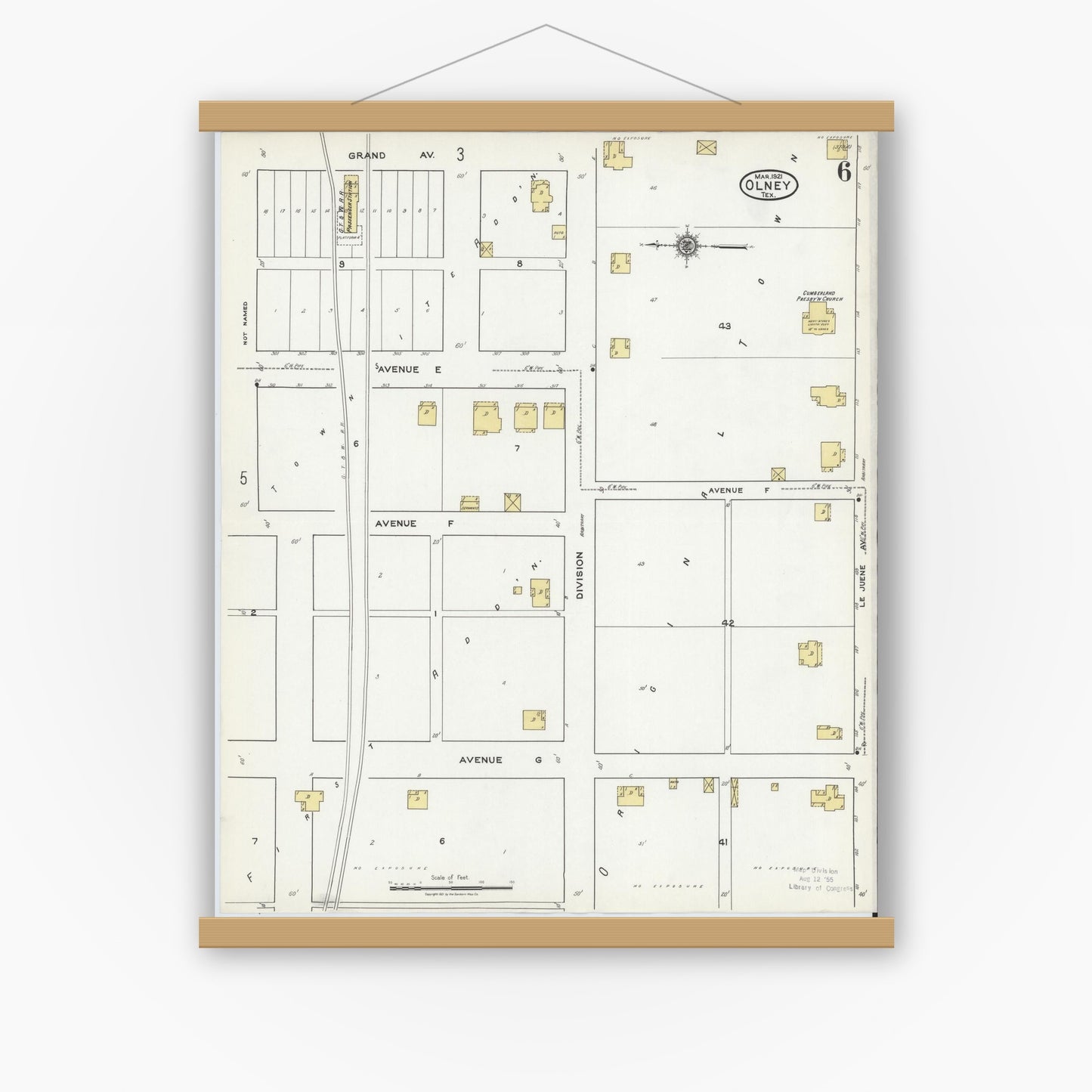 Old map wall art mockup — magnetic wood frame on white wall — Sanborn Fire Insurance Map from Olney, Young County, Texas (1921), Sheet #0006