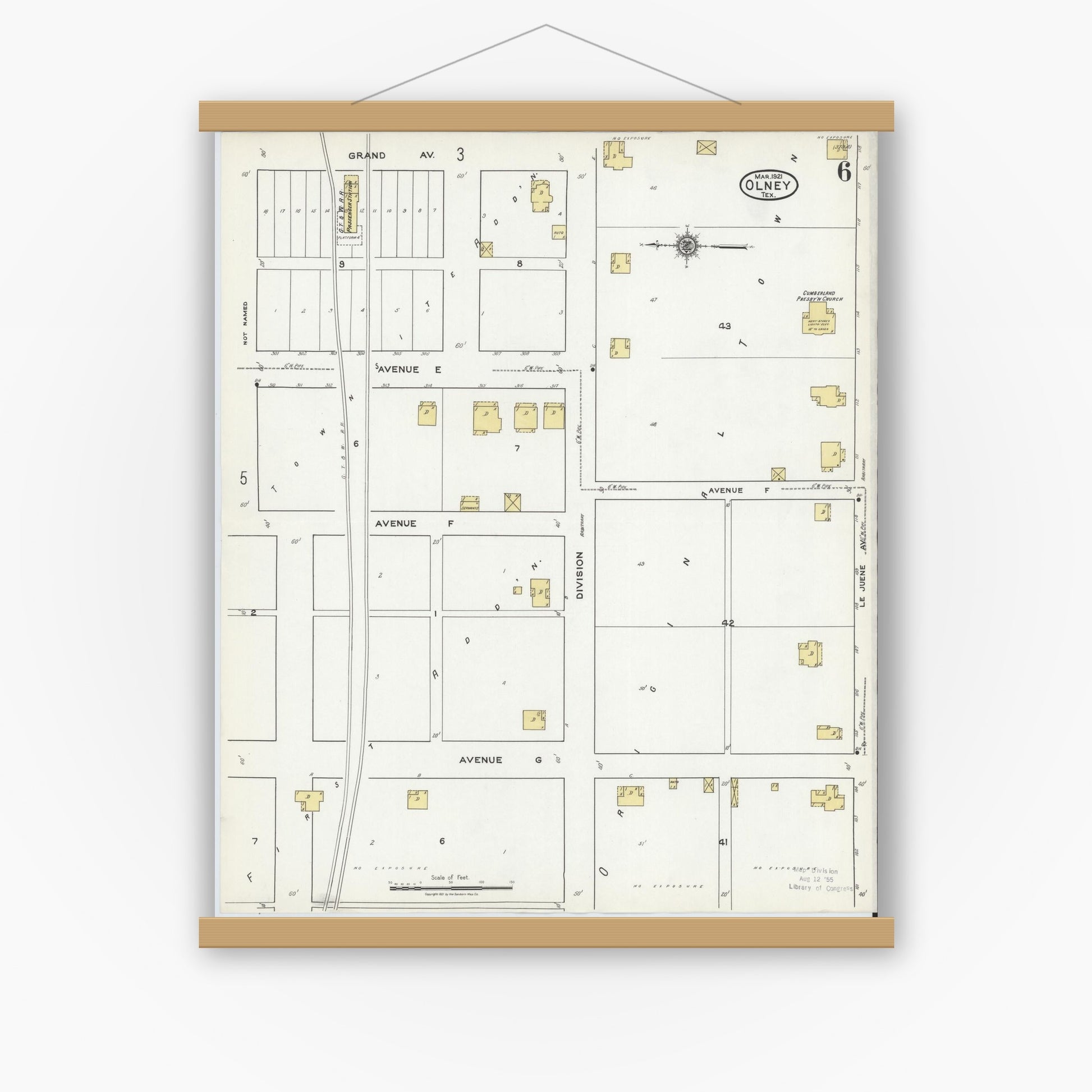 Old map wall art mockup — magnetic wood frame on white wall — Sanborn Fire Insurance Map from Olney, Young County, Texas (1921), Sheet #0006