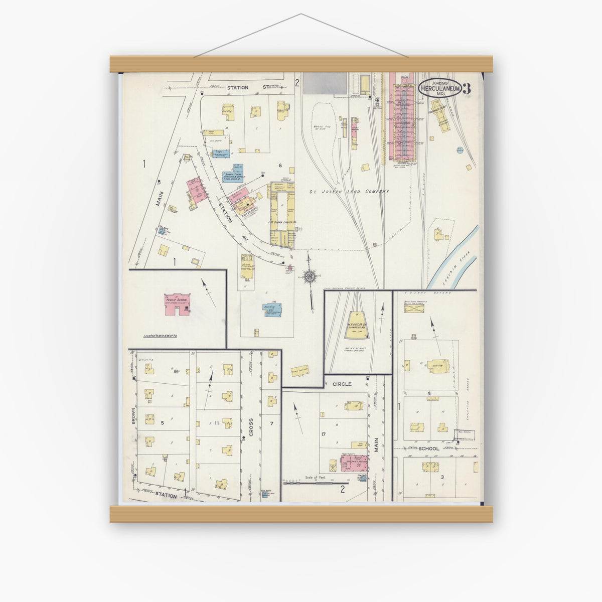 Old map wall art mockup — magnetic wood frame on white wall — Sanborn Fire Insurance Map from Herculaneum, Jefferson County, Missouri (1915), Sheet #0003