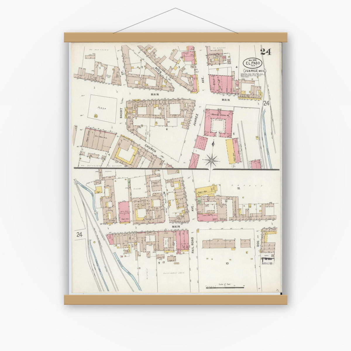 Old map wall art mockup — magnetic wood frame on white wall — Sanborn Fire Insurance Map from El Paso, El Paso County, Texas (1898), Sheet #0024