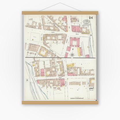 Old map wall art mockup — magnetic wood frame on white wall — Sanborn Fire Insurance Map from El Paso, El Paso County, Texas (1898), Sheet #0024