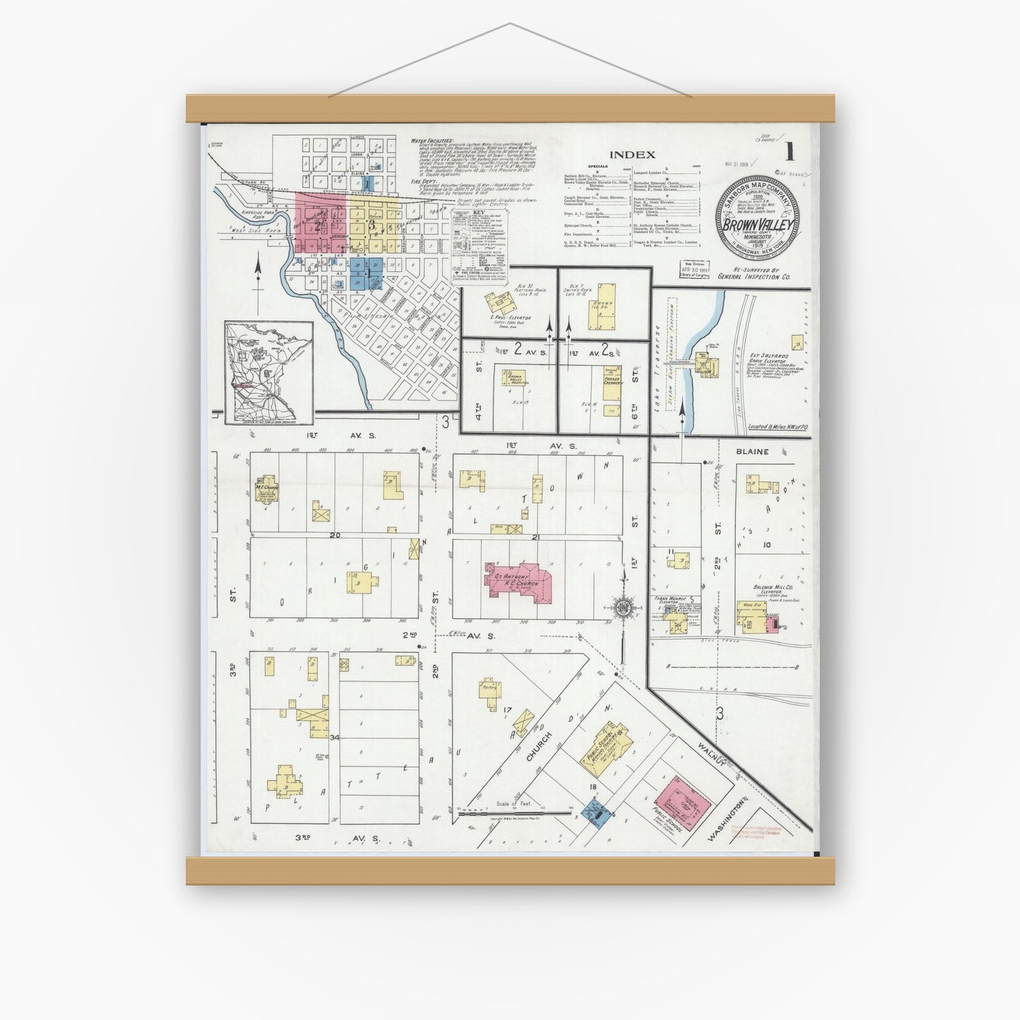 Old map wall art mockup — magnetic wood frame on white wall — Sanborn Fire Insurance Map from Browns Valley, Traverse County, Minnesota (1919) - Complete Map Set