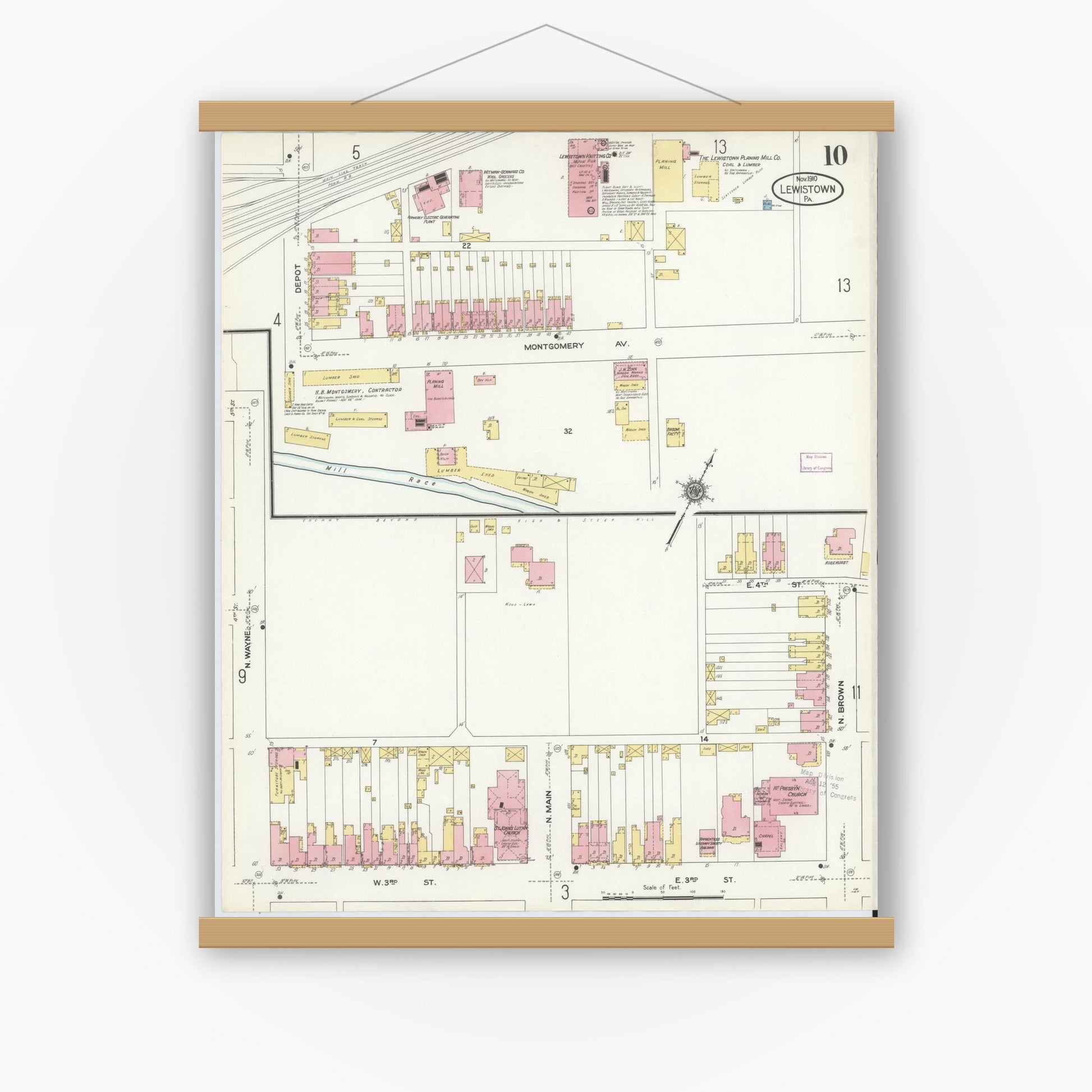 Old map wall art mockup — magnetic wood frame on white wall — Sanborn Fire Insurance Map from Lewistown, Mifflin County, Pennsylvania (1910), Sheet #0010