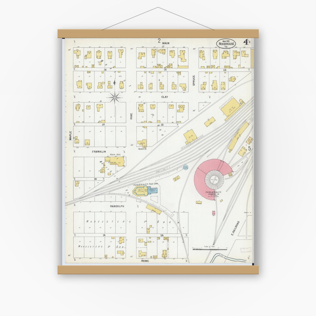 Old map wall art mockup — magnetic wood frame on white wall — Sanborn Fire Insurance Map from Roodhouse, Greene County, Illinois (1900), Sheet #0004