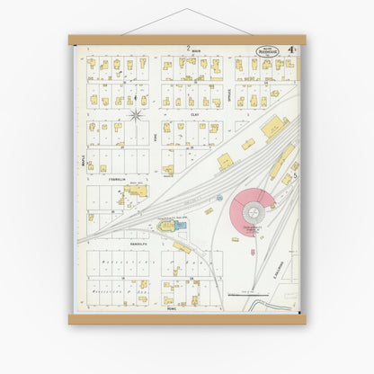 Old map wall art mockup — magnetic wood frame on white wall — Sanborn Fire Insurance Map from Roodhouse, Greene County, Illinois (1900), Sheet #0004