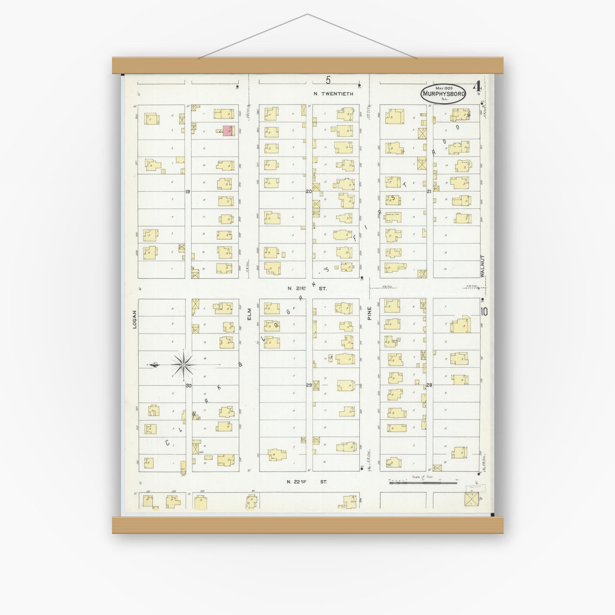 Old map wall art mockup — magnetic wood frame on white wall — Sanborn Fire Insurance Map from Murphysboro, Jackson County, Illinois (1909), Sheet #0004