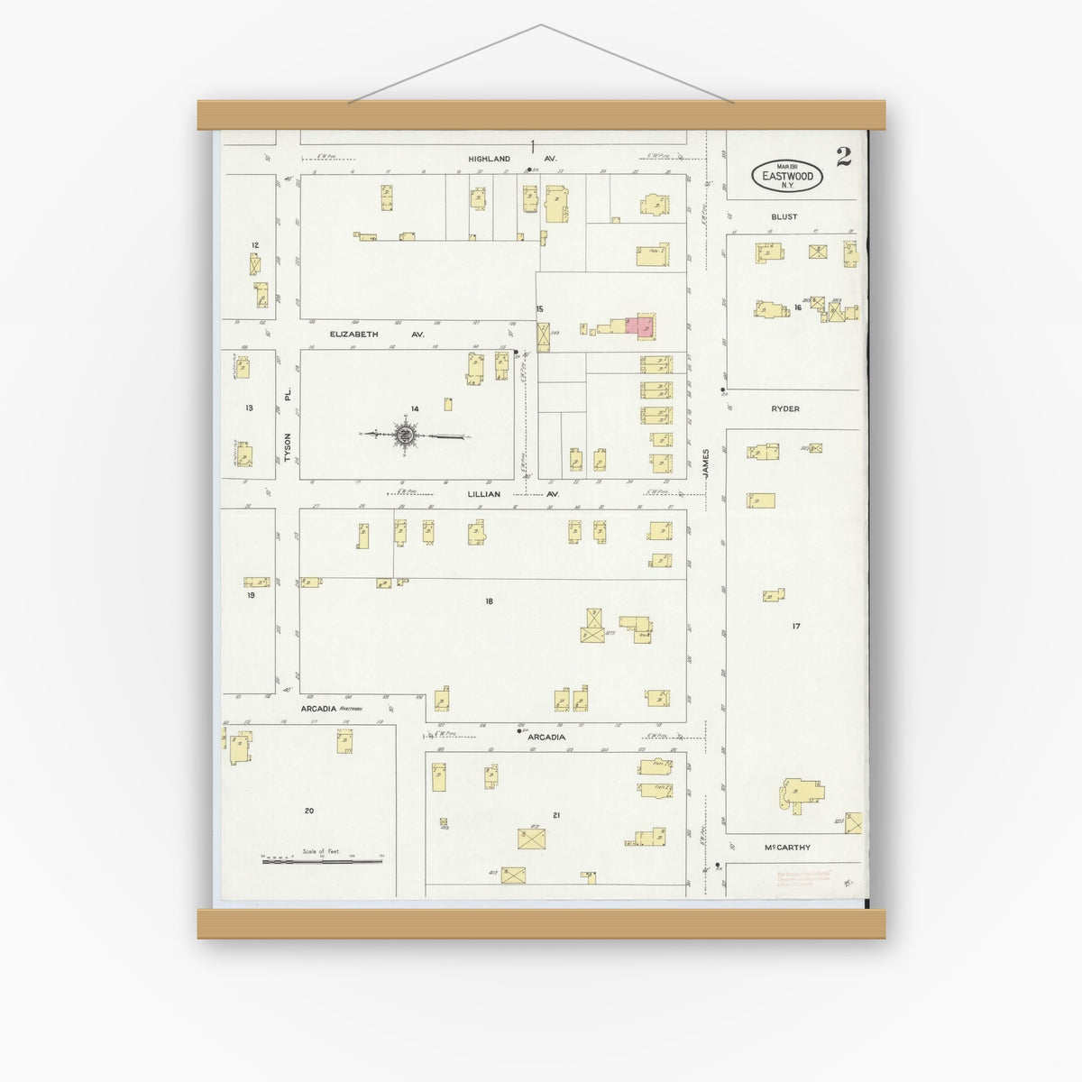 Old map wall art mockup — magnetic wood frame on white wall — Sanborn Fire Insurance Map from Eastwood, Onandaga County, New York (1911), Sheet #0002