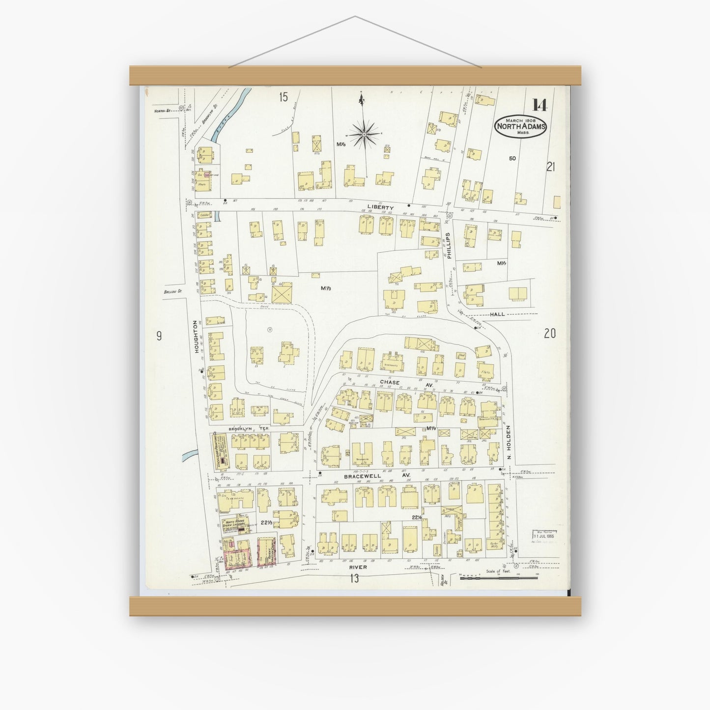 Old map wall art mockup — magnetic wood frame on white wall — Sanborn Fire Insurance Map from North Adams, Berkshire County, Massachusetts (1908), Sheet #0014