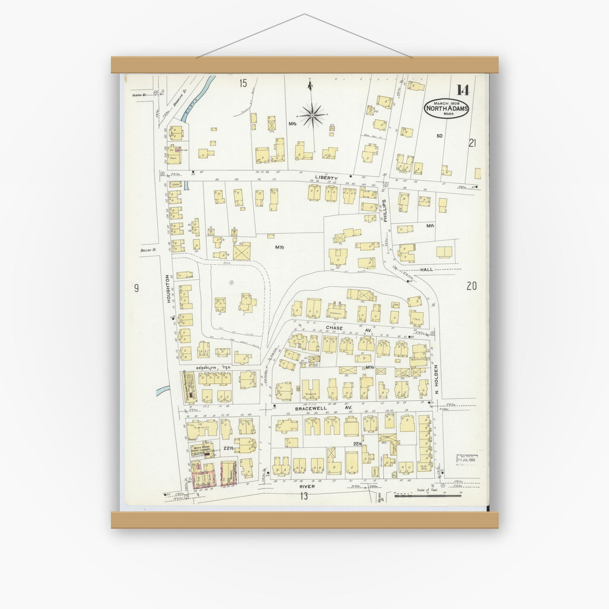 Old map wall art mockup — magnetic wood frame on white wall — Sanborn Fire Insurance Map from North Adams, Berkshire County, Massachusetts (1908), Sheet #0014