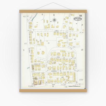 Old map wall art mockup — magnetic wood frame on white wall — Sanborn Fire Insurance Map from North Adams, Berkshire County, Massachusetts (1908), Sheet #0014