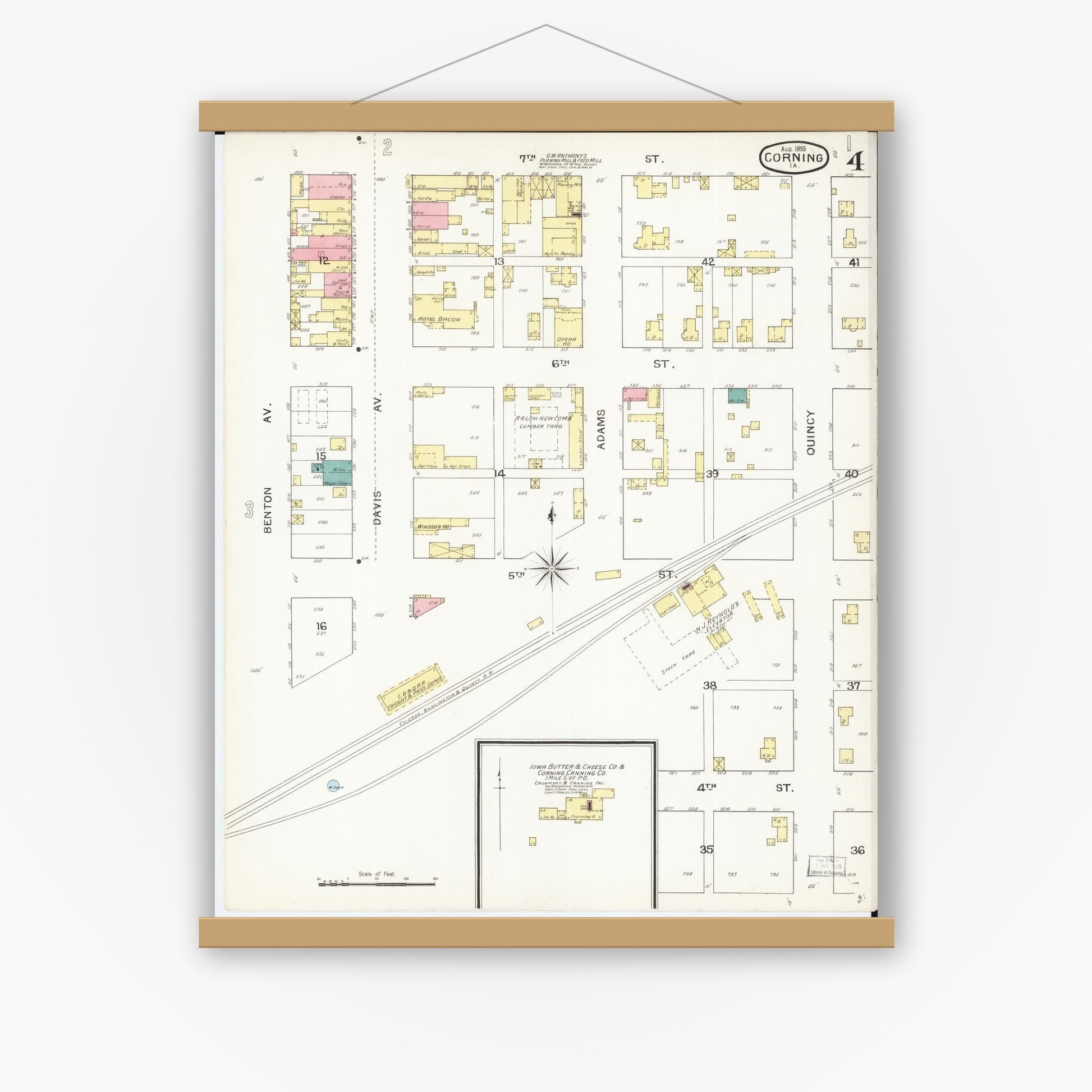 Old map wall art mockup — magnetic wood frame on white wall — Sanborn Fire Insurance Map from Corning, Adams County, Iowa (1893), Sheet #0004